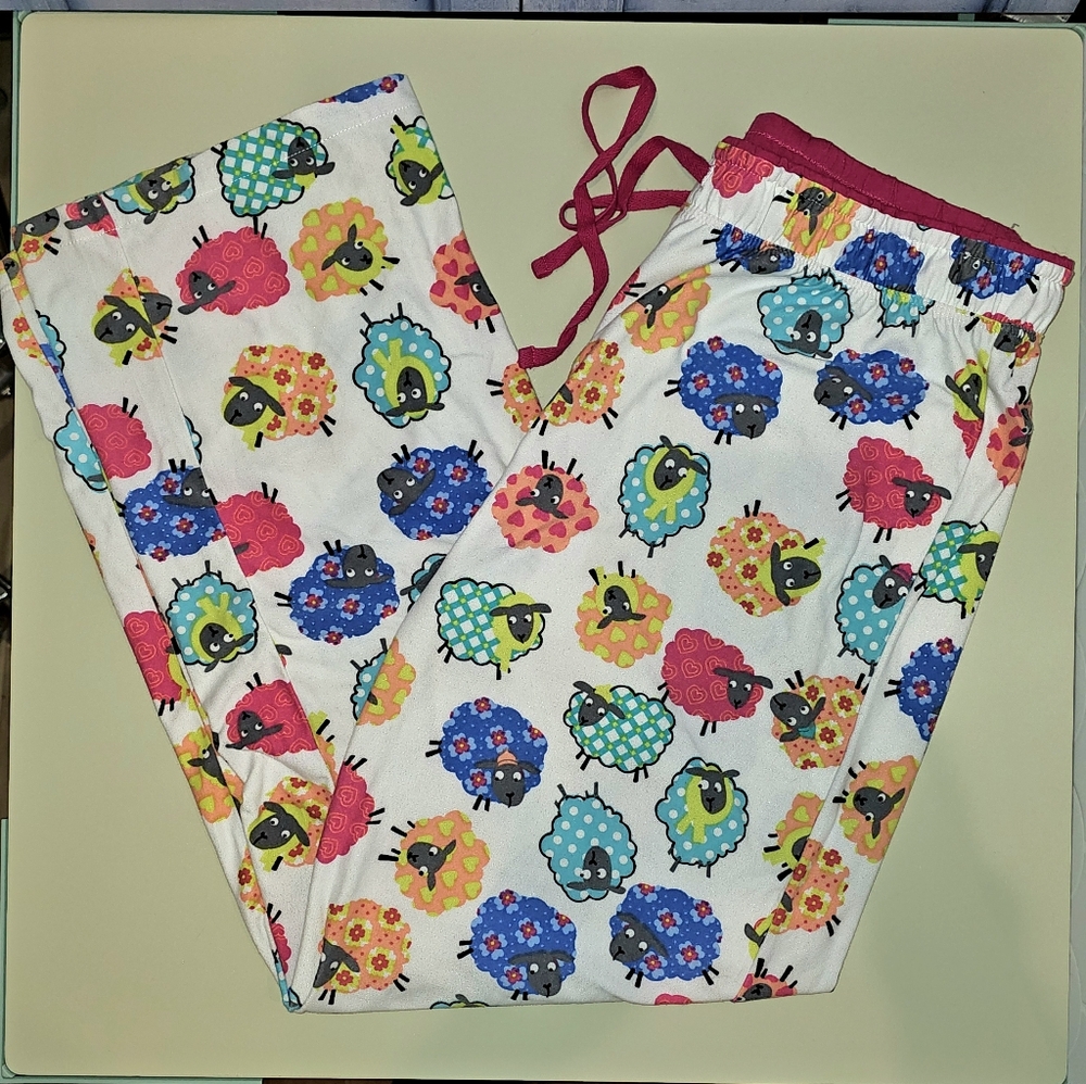 Colorful Lightweight Fleece PJ Sheep-themed Bottoms- size Small
